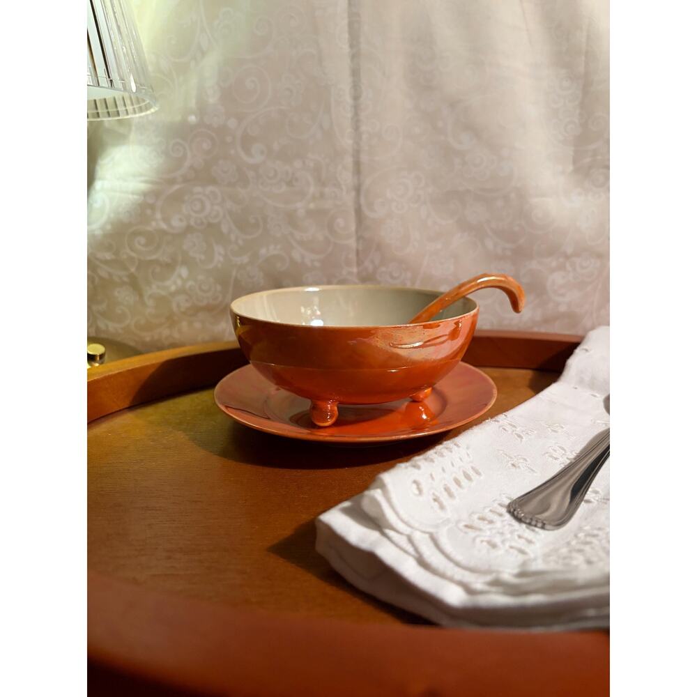 Vintage Meito China Lusterware Mayonnaise Set - Orange Iridescent‎ Bowl